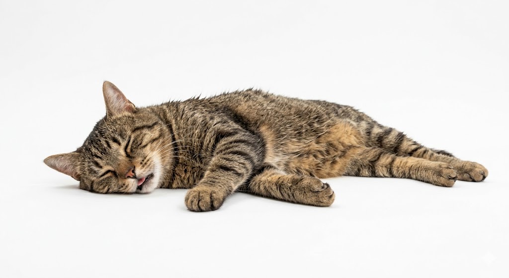 chat-fatigue chat tigré épuisé après un effort qui dort sur un fond blanc