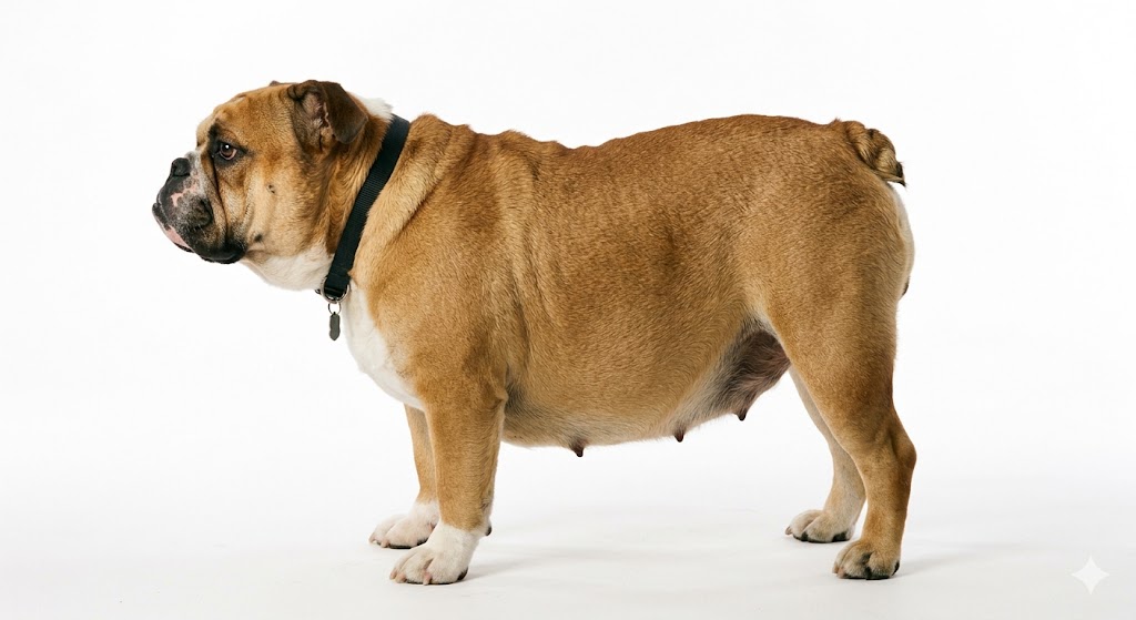 ventre-qui-pend bull dog de profil sur fond blanc qui a le ventre qui pend
