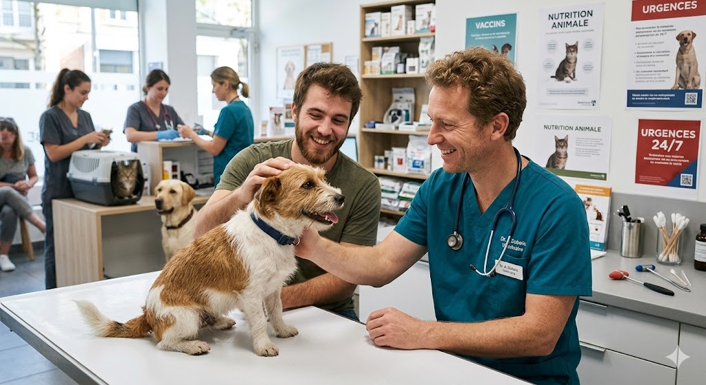 vétérinaires Vétérinaire qui caresse un chien à côté de son propriétaire ils sont contents.